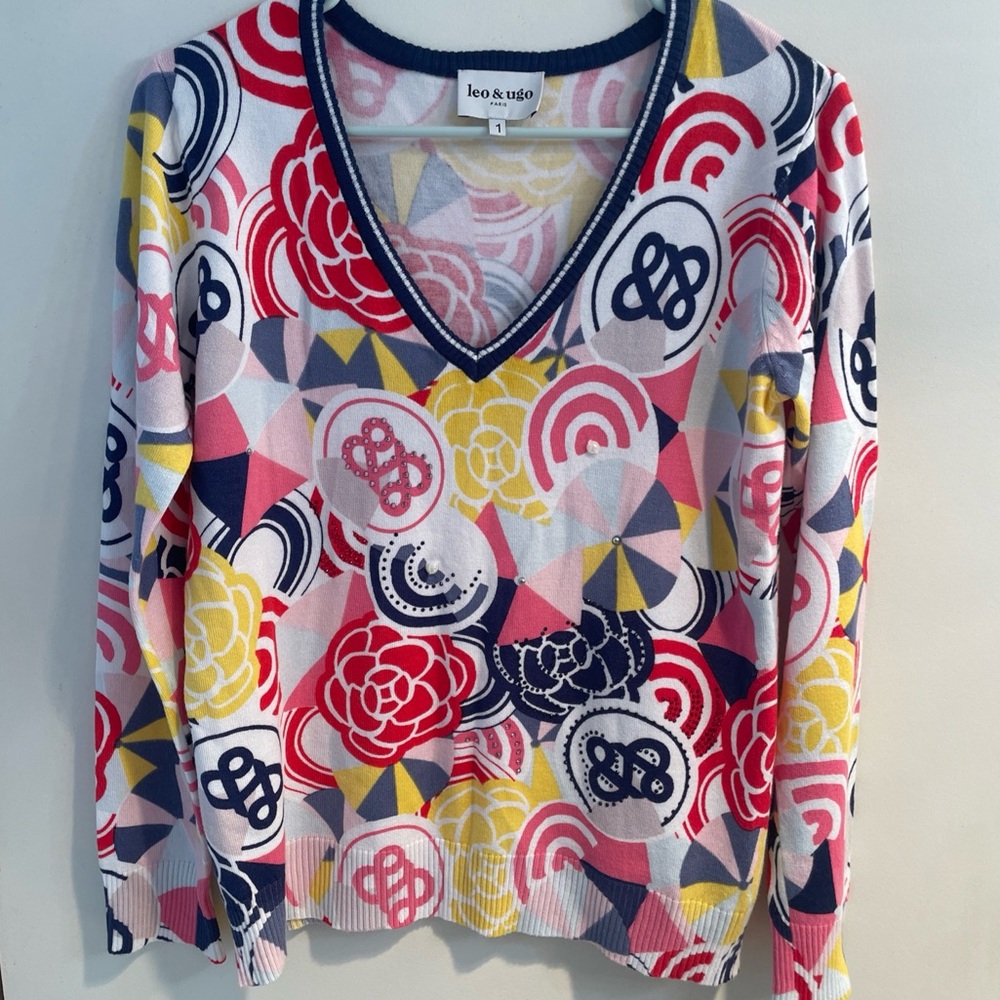 Leo & Ugo V-Neck Pullover Lightweight Sweater Size 1 Colorful Sequins